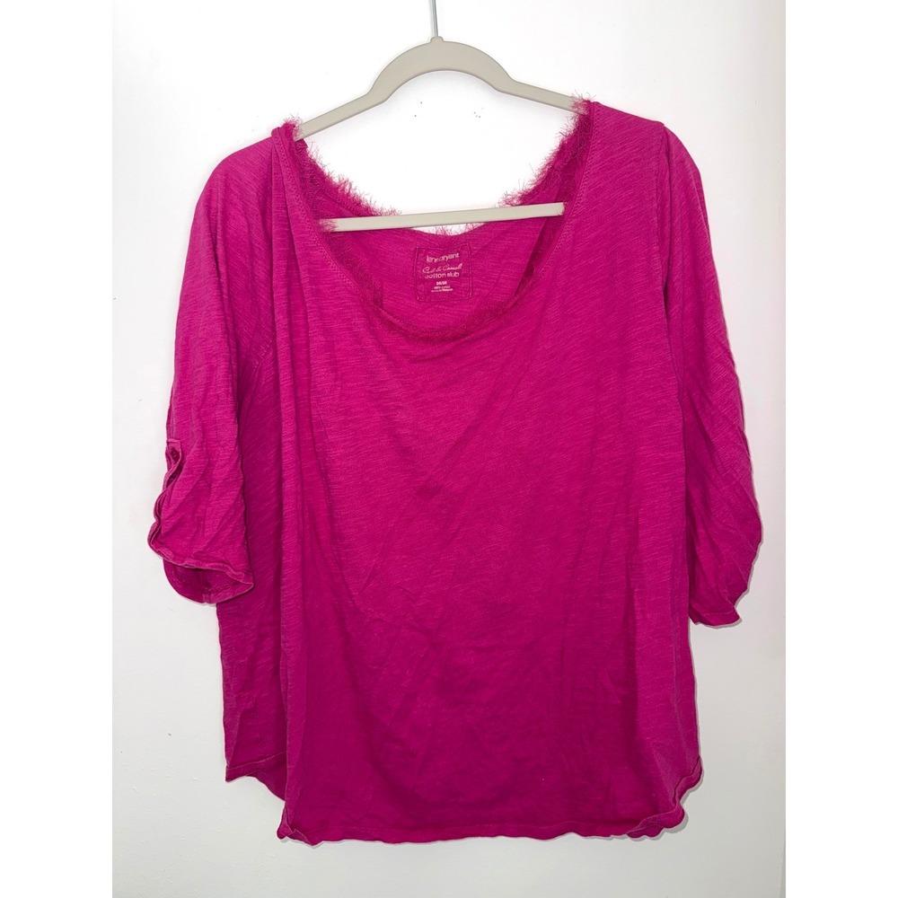 Lane Bryant Magenta Pink Cotton Slub Fringe Scoop Neck Tab Sleeve Top 22/24 3XL